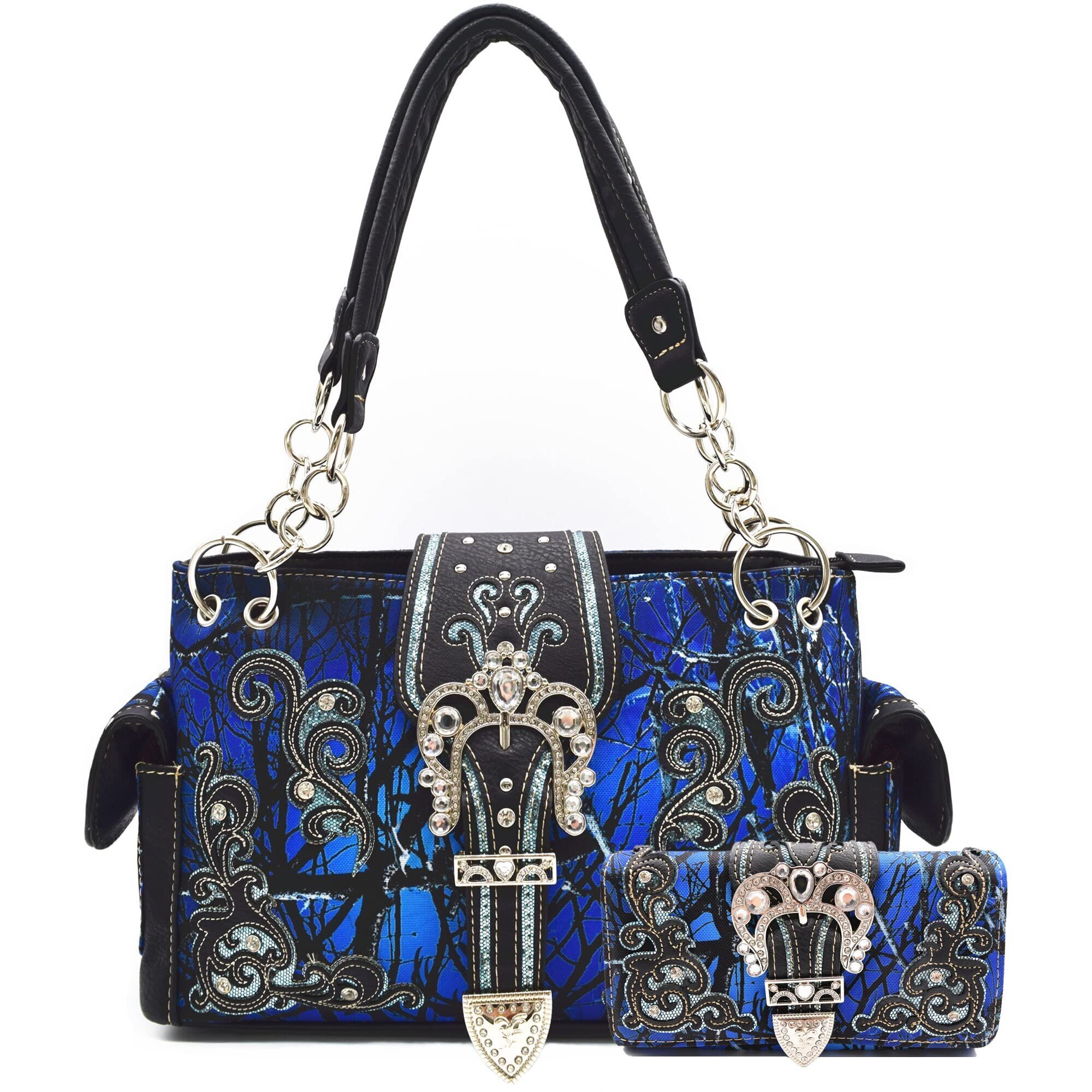 3697 Camouflage Crown Buckle Western Style Purse Floral Shine Glow Country